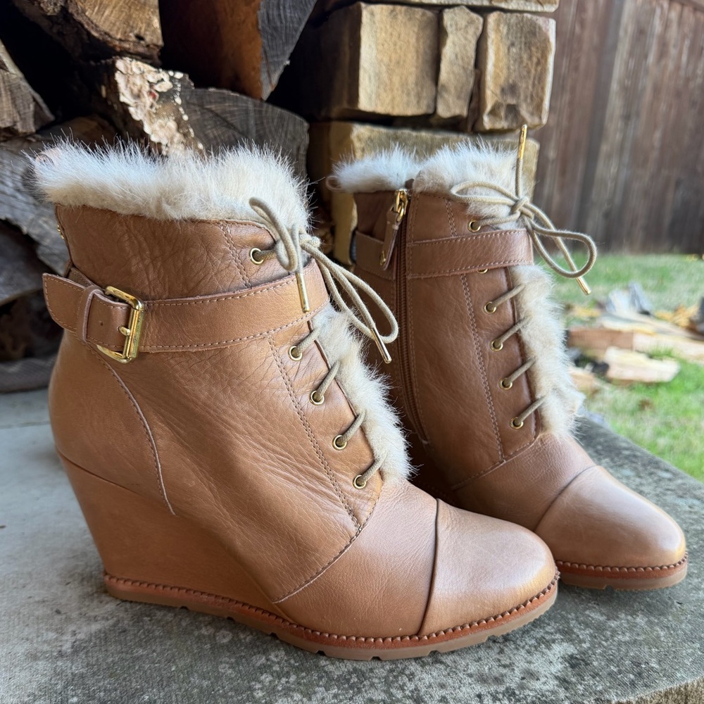 kate spade Tay Booties Tan Leather Wedge Ankle Boots w/ Faux Fur Trim Sz-10.5. X